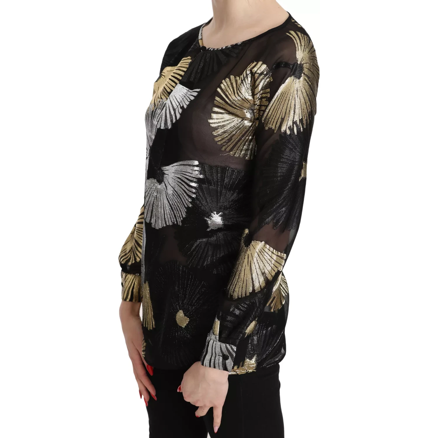 Gold Silver Silk Jacquard See Through Top Blouse
