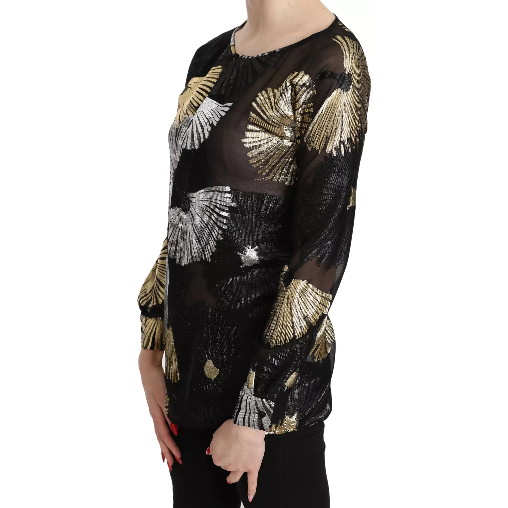Gold Silver Silk Jacquard See Through Top Blouse