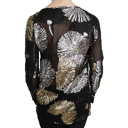 Gold Silver Silk Jacquard See Through Top Blouse