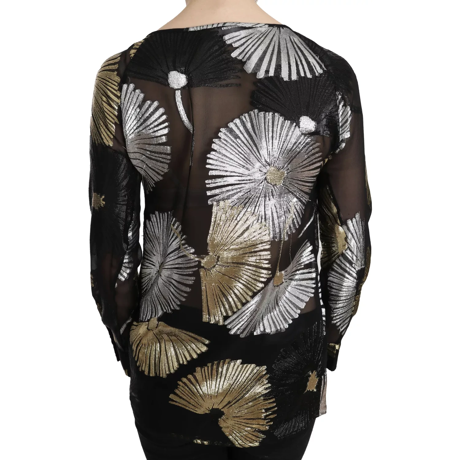 Gold Silver Silk Jacquard See Through Top Blouse