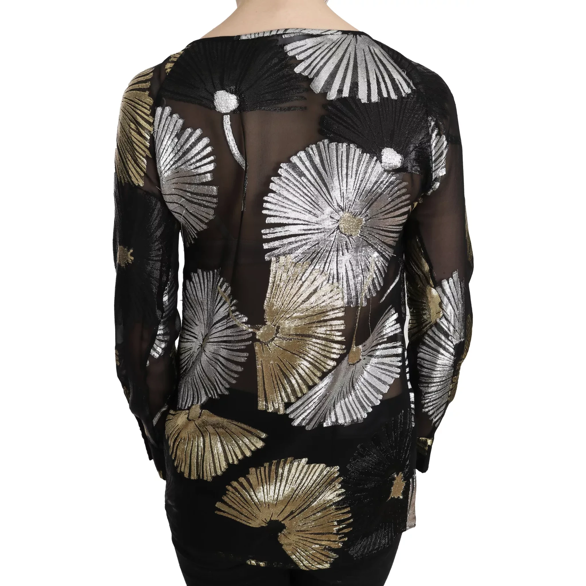 Gold Silver Silk Jacquard See Through Top Blouse