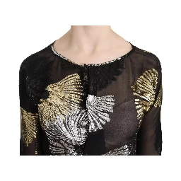 Gold Silver Silk Jacquard See Through Top Blouse
