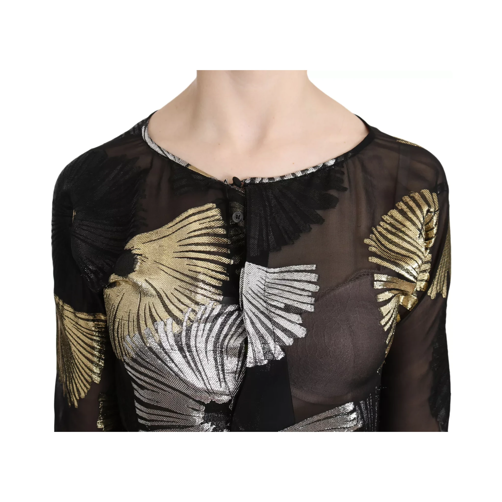 Gold Silver Silk Jacquard See Through Top Blouse