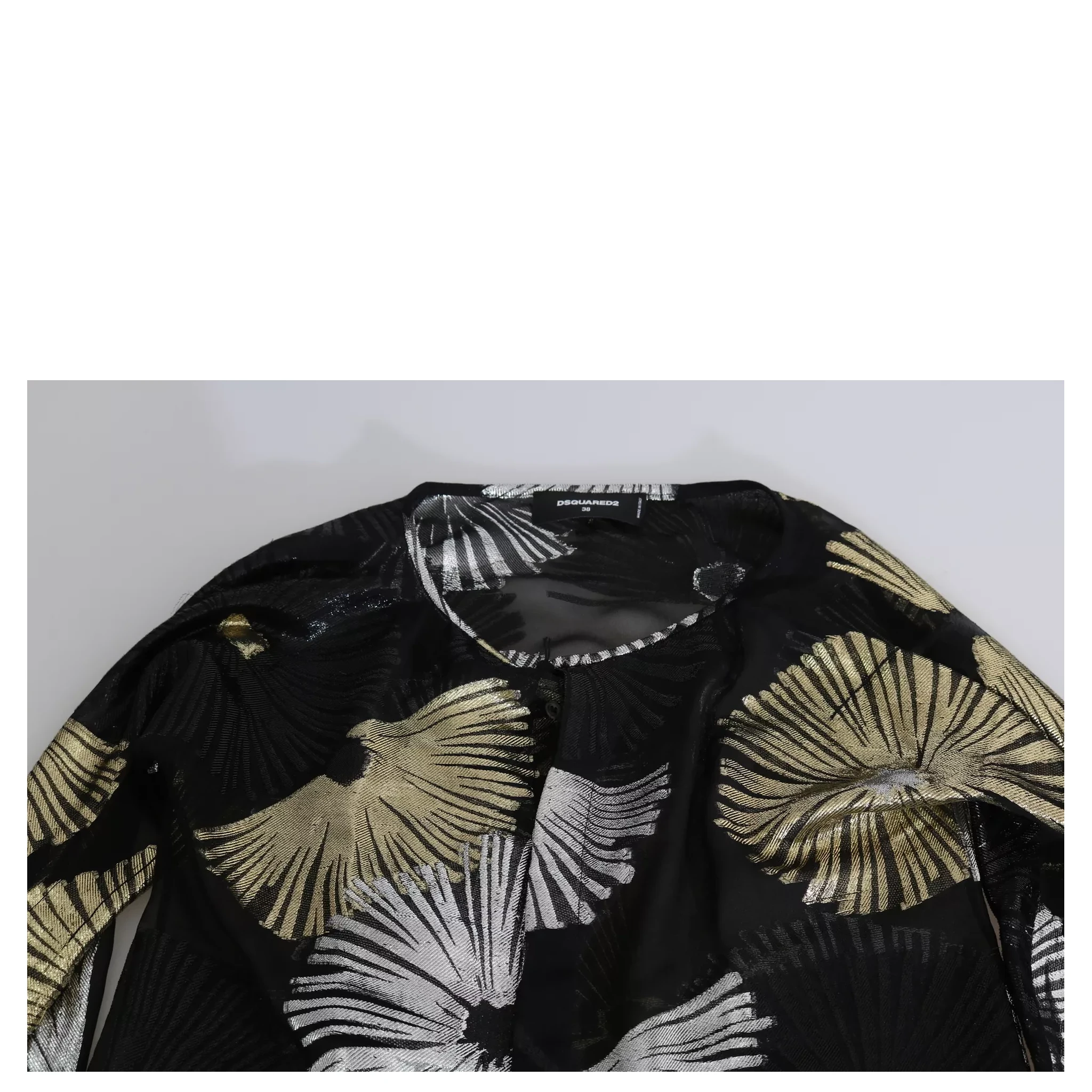 Gold Silver Silk Jacquard See Through Top Blouse
