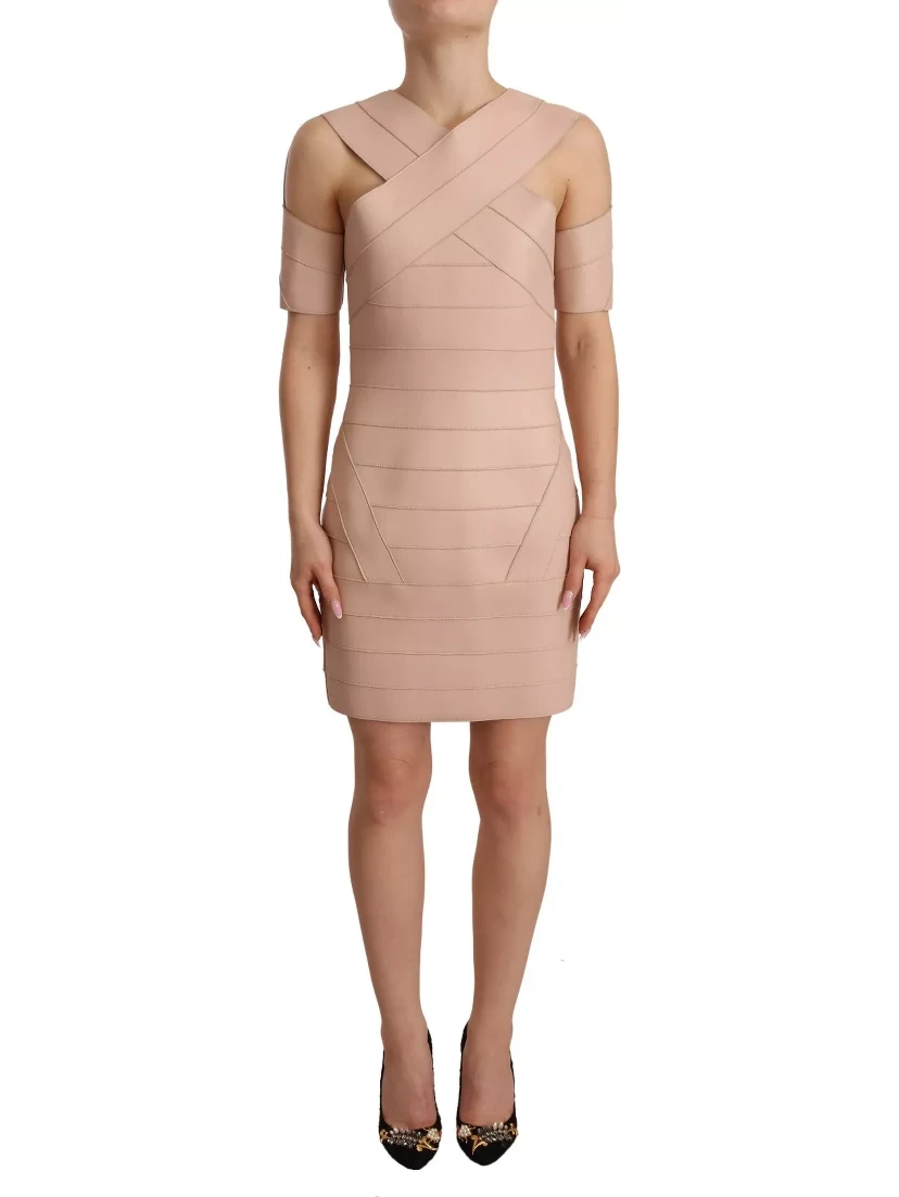 Beige Leather Open Shoulder Sheath Mini Dress