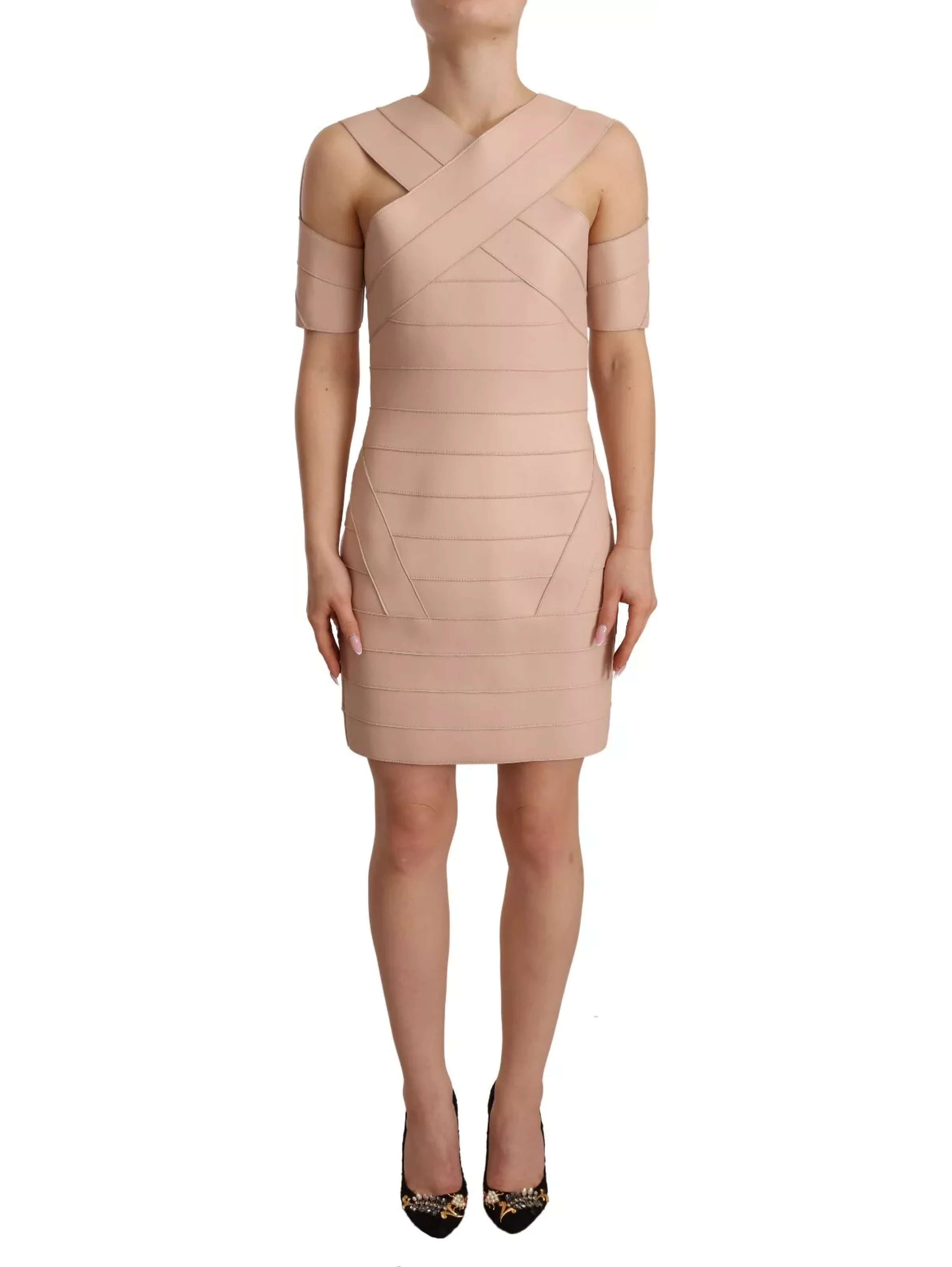 Beige Leather Open Shoulder Sheath Mini Dress