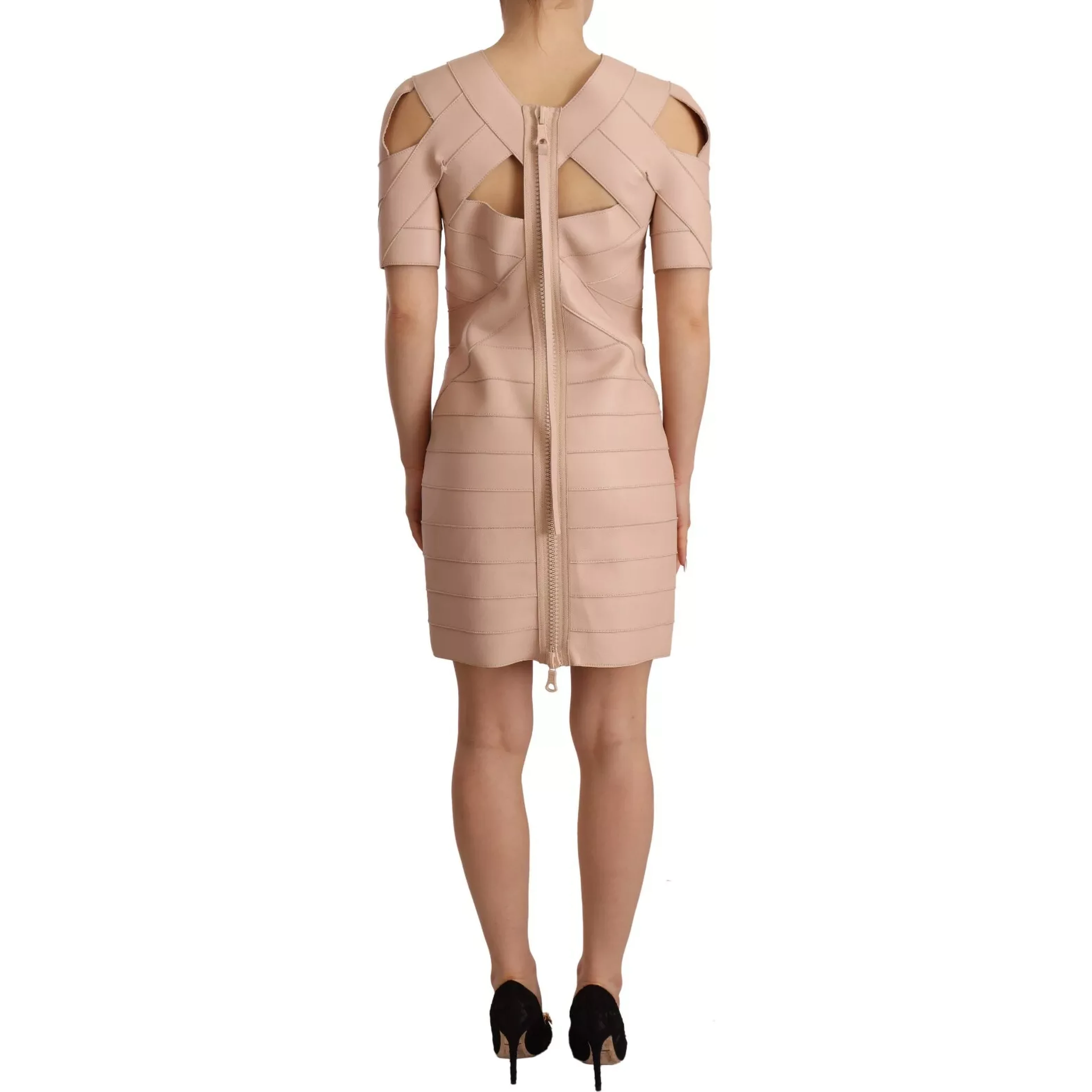 Beige Leather Open Shoulder Sheath Mini Dress