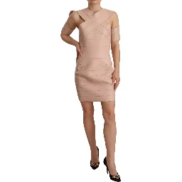Beige Leather Open Shoulder Sheath Mini Dress