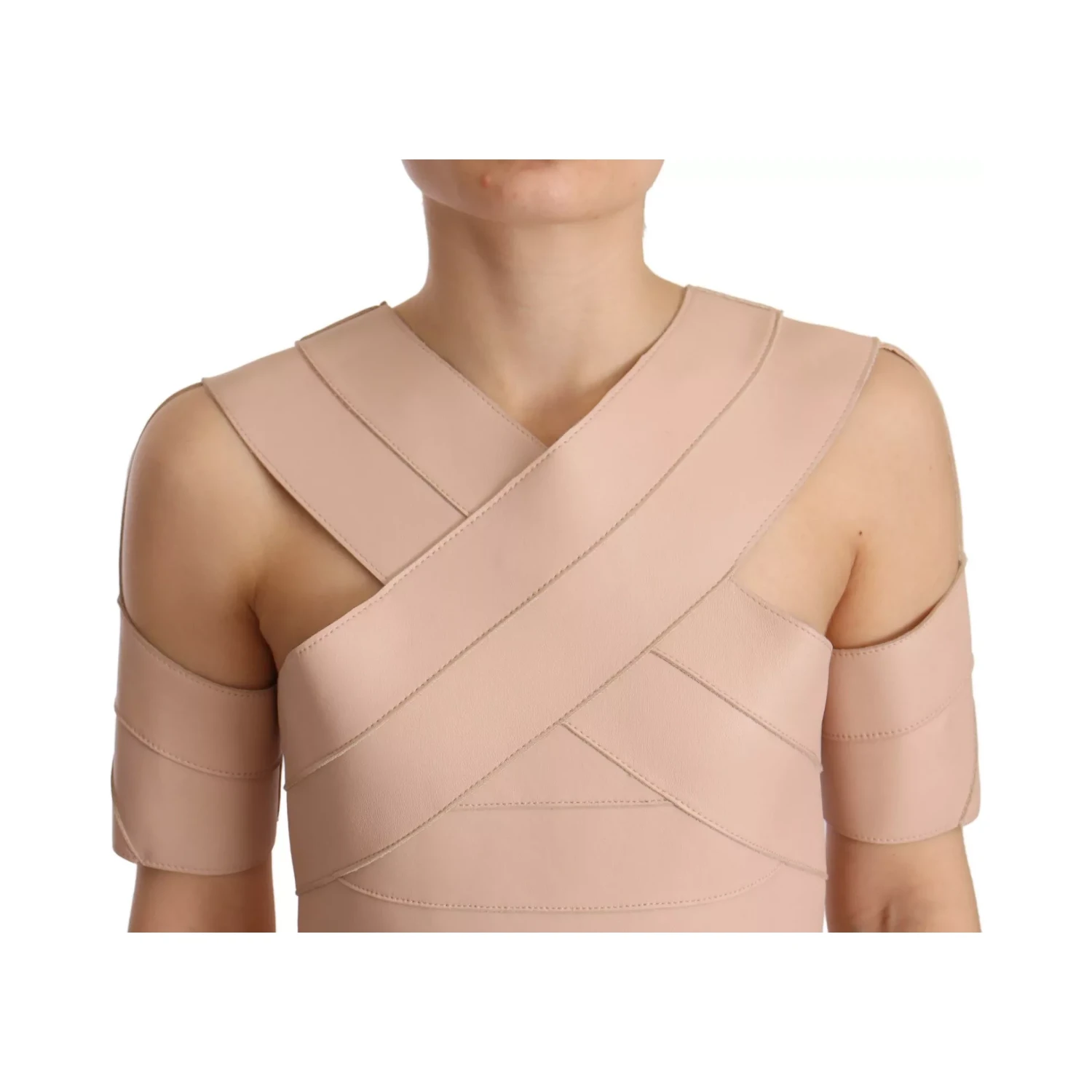 Beige Leather Open Shoulder Sheath Mini Dress