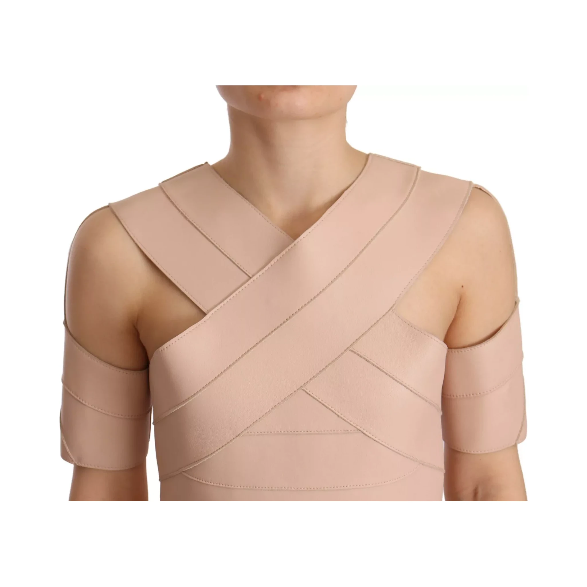 Beige Leather Open Shoulder Sheath Mini Dress