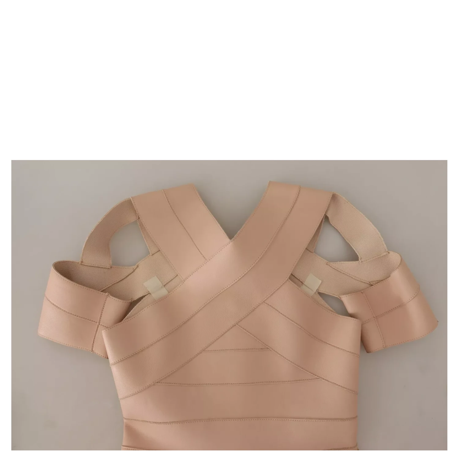 Beige Leather Open Shoulder Sheath Mini Dress