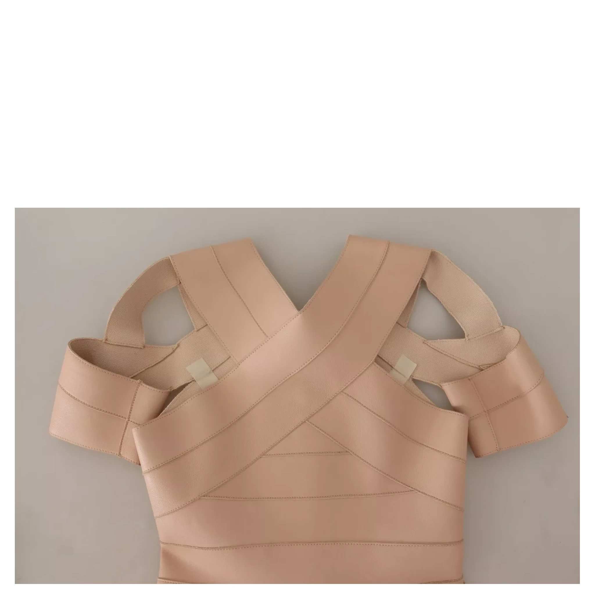 Beige Leather Open Shoulder Sheath Mini Dress