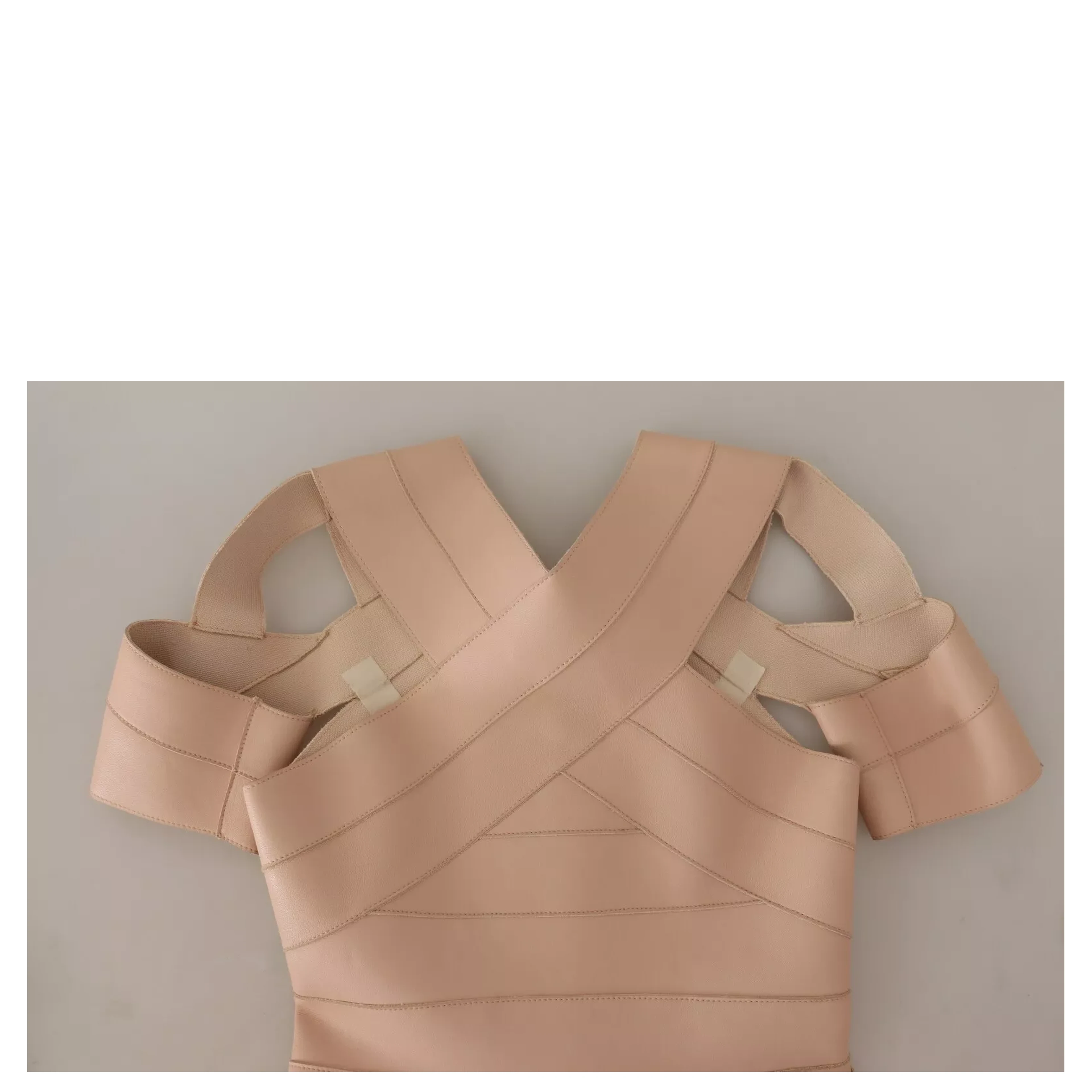Beige Leather Open Shoulder Sheath Mini Dress