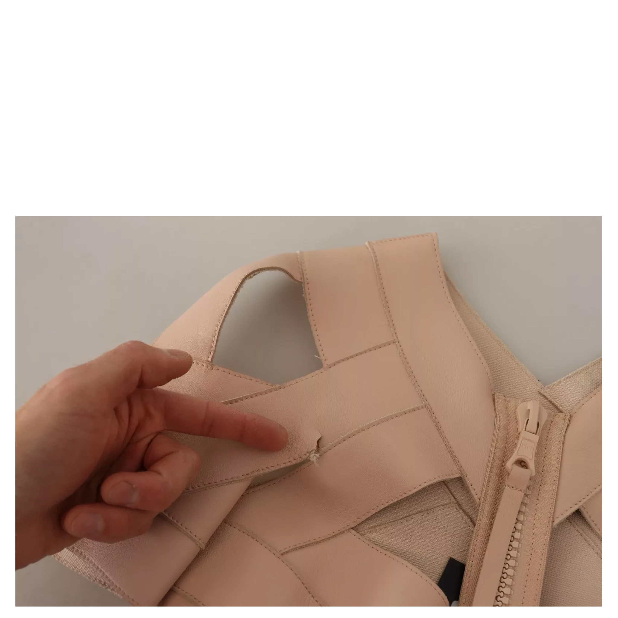 Beige Leather Open Shoulder Sheath Mini Dress