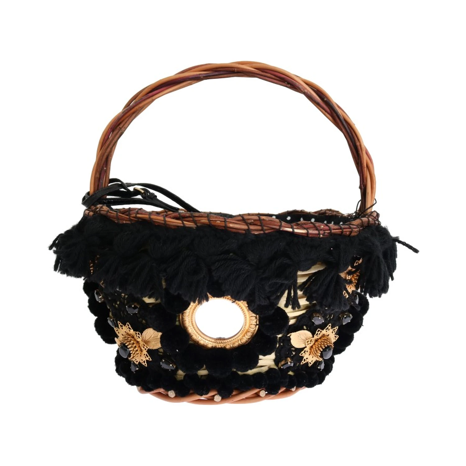 Beige Straw Snakeskin Pom Pom Crystal AGNESE Bag