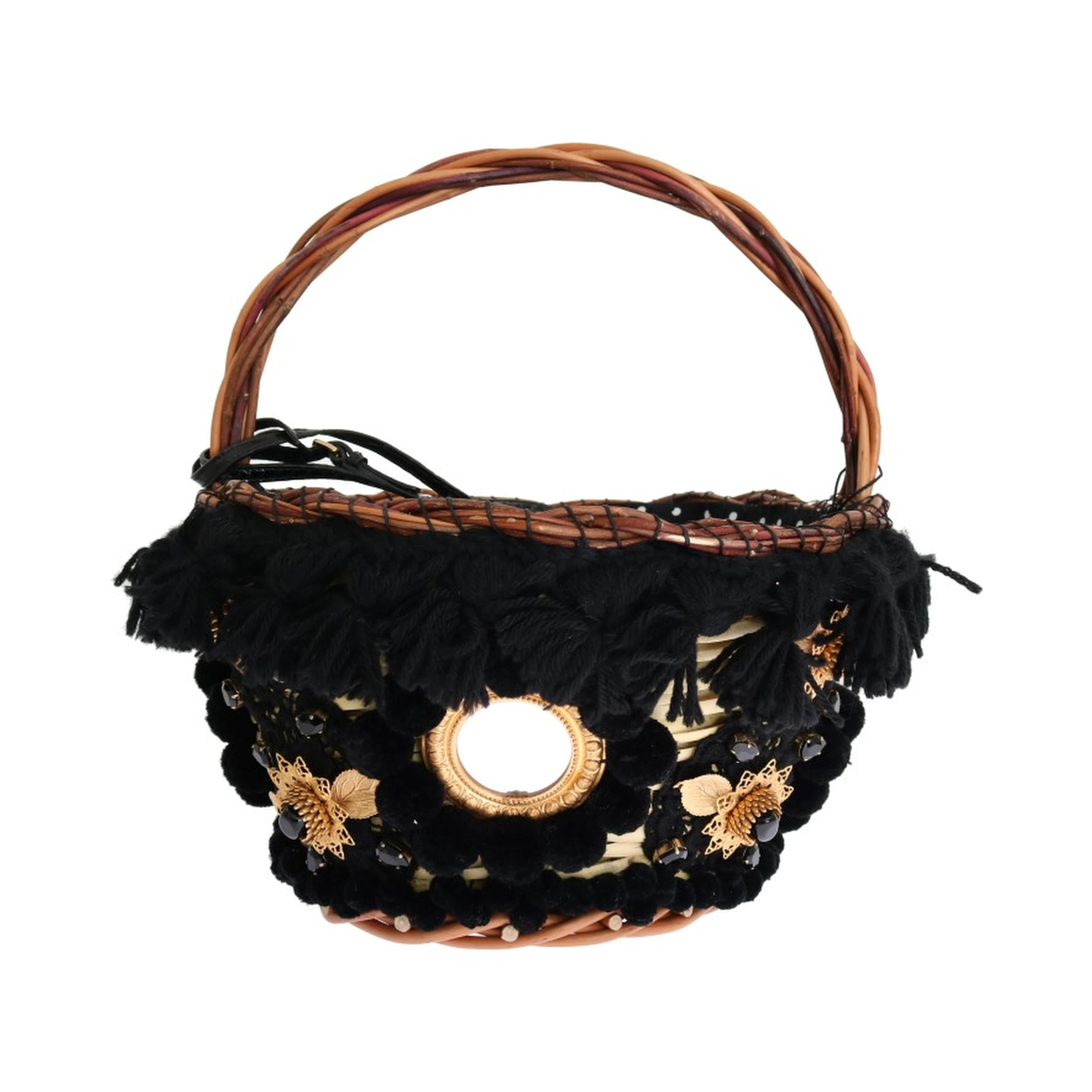 Beige Straw Snakeskin Pom Pom Crystal AGNESE Bag