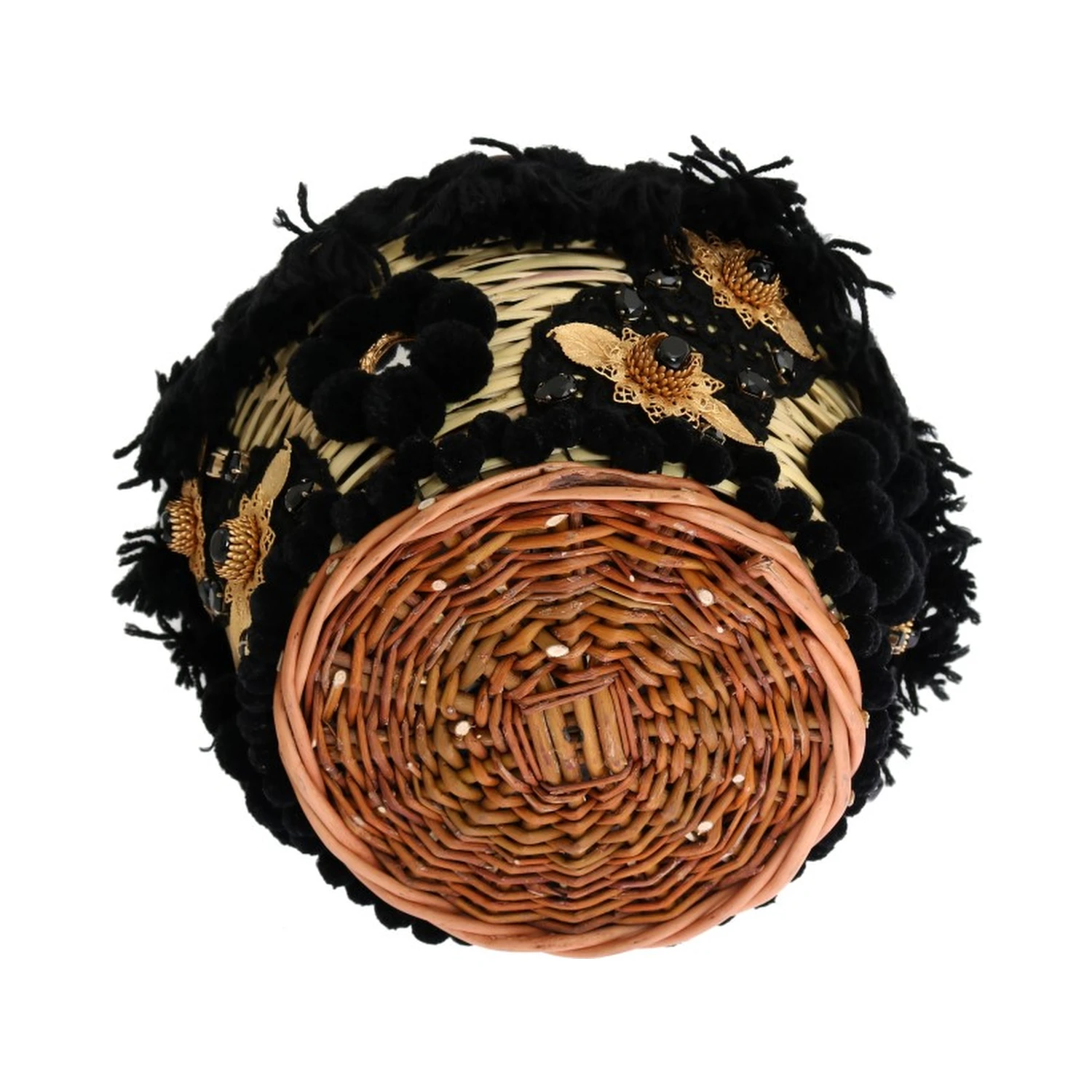 Beige Straw Snakeskin Pom Pom Crystal AGNESE Bag