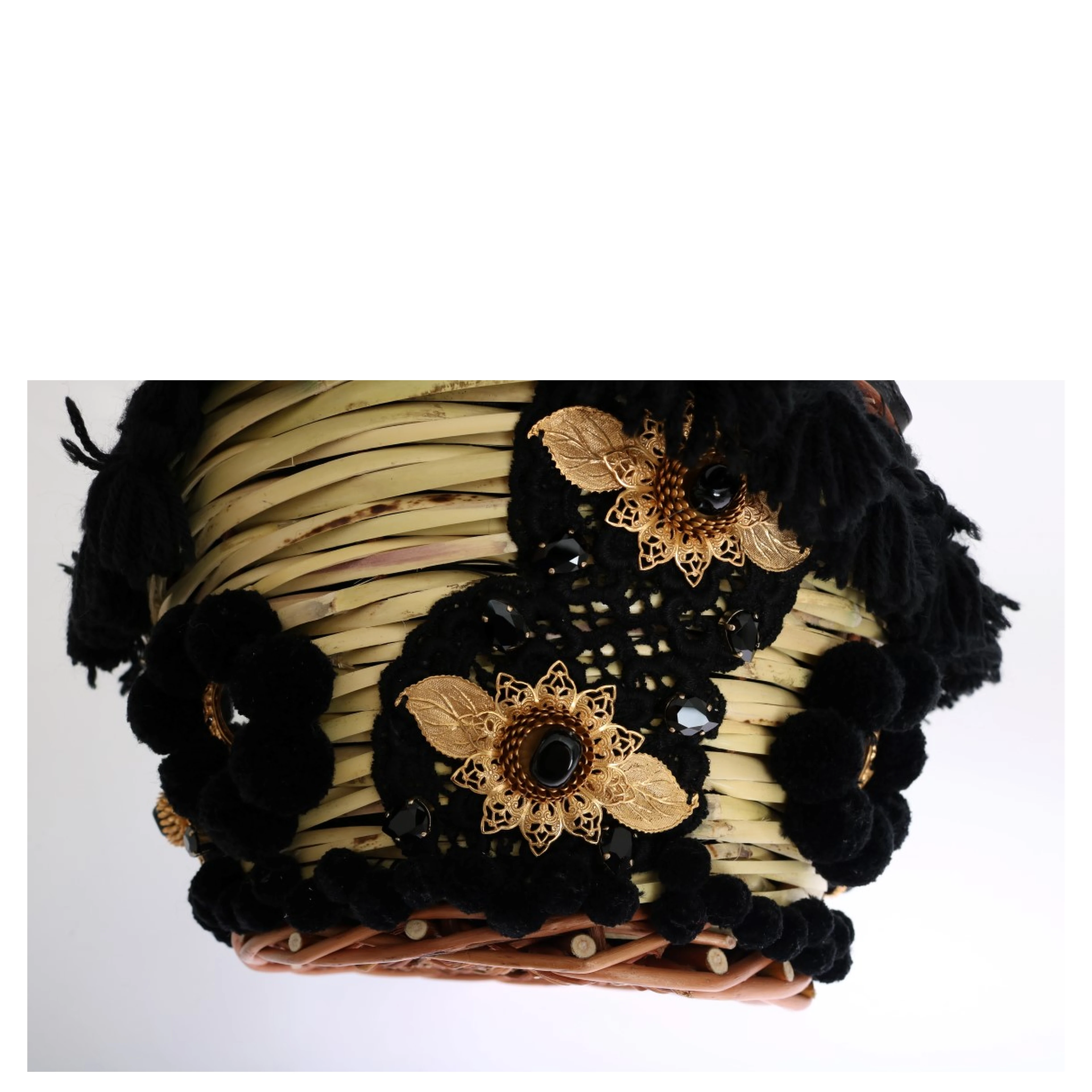 Beige Straw Snakeskin Pom Pom Crystal AGNESE Bag