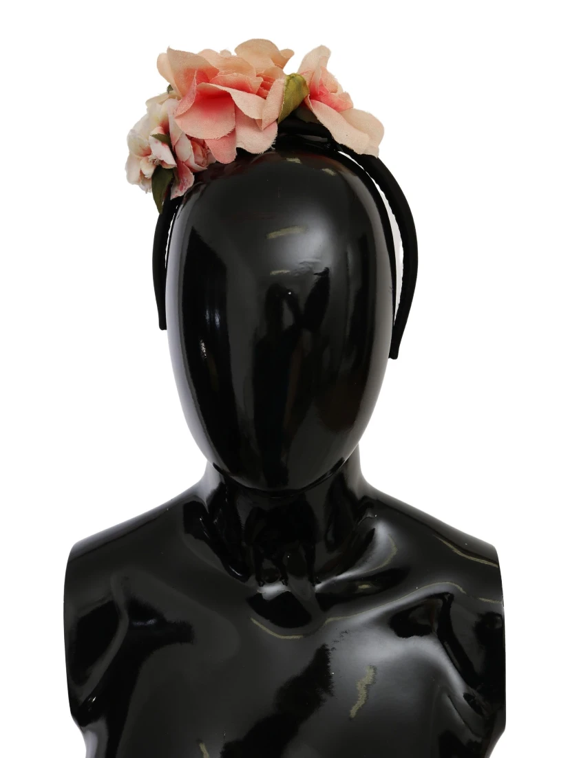 Pink Silk Black Floral Headband Logo Diadem
