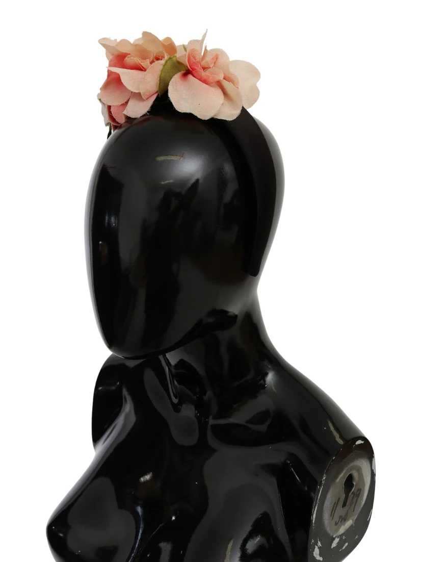 Pink Silk Black Floral Headband Logo Diadem