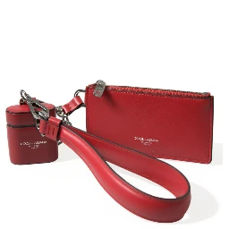 Red Leather Silver Metal Logo Strap Pouch Airpods Case