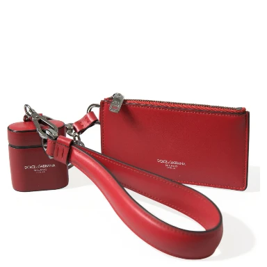 Red Leather Silver Metal Logo Strap Pouch Airpods Case