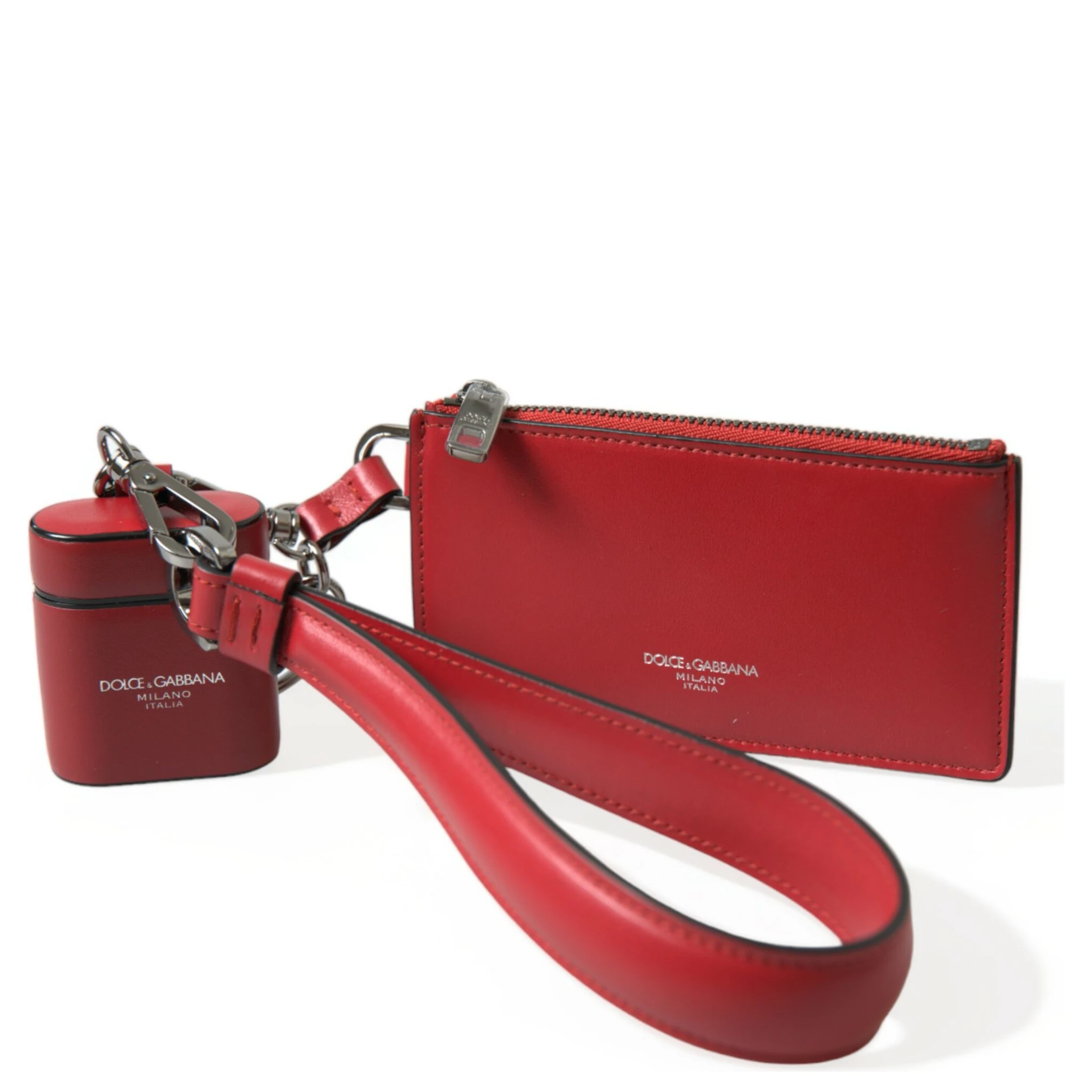 Red Leather Silver Metal Logo Strap Pouch Airpods Case