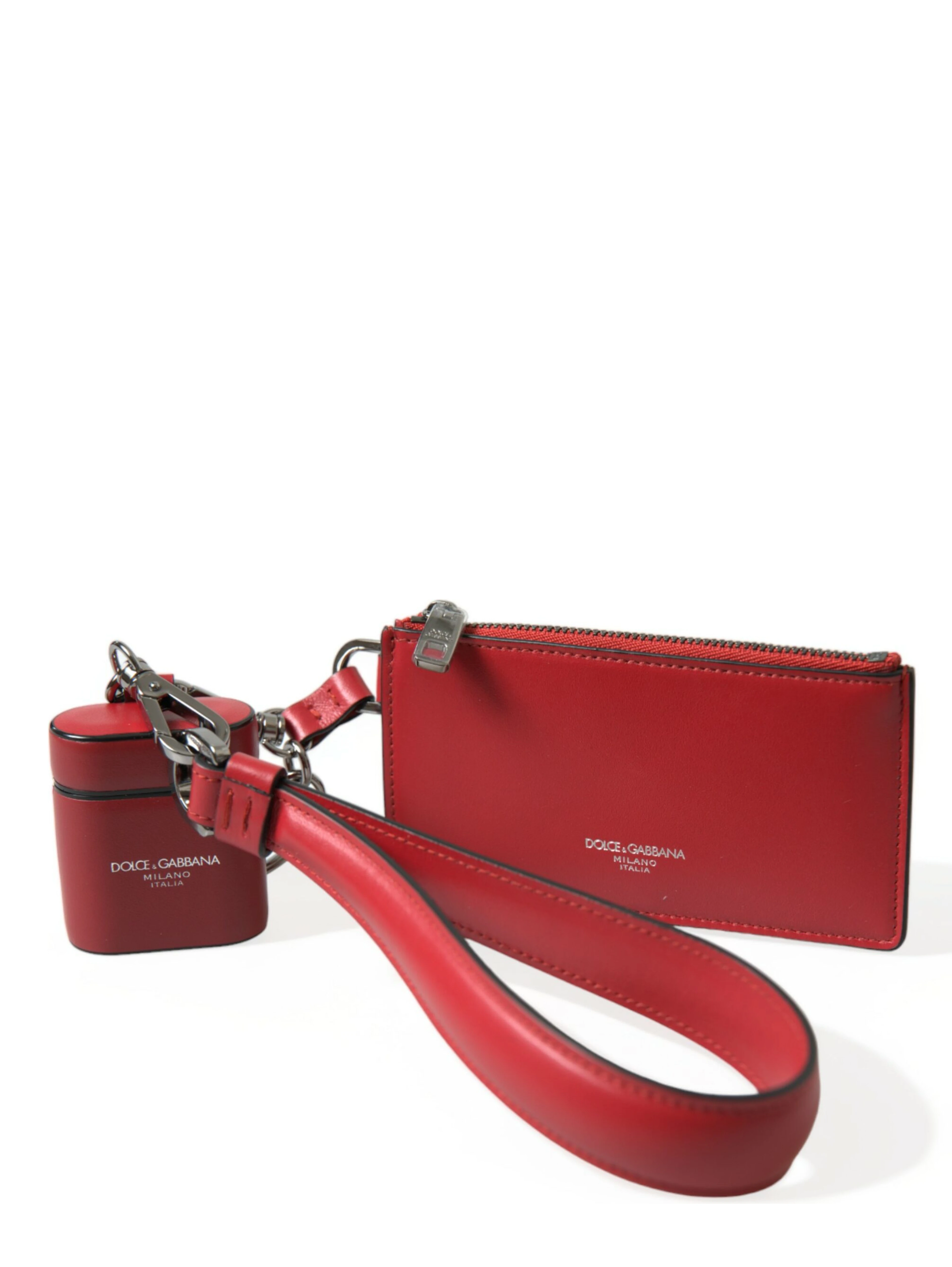 Red Leather Silver Metal Logo Strap Pouch Airpods Case