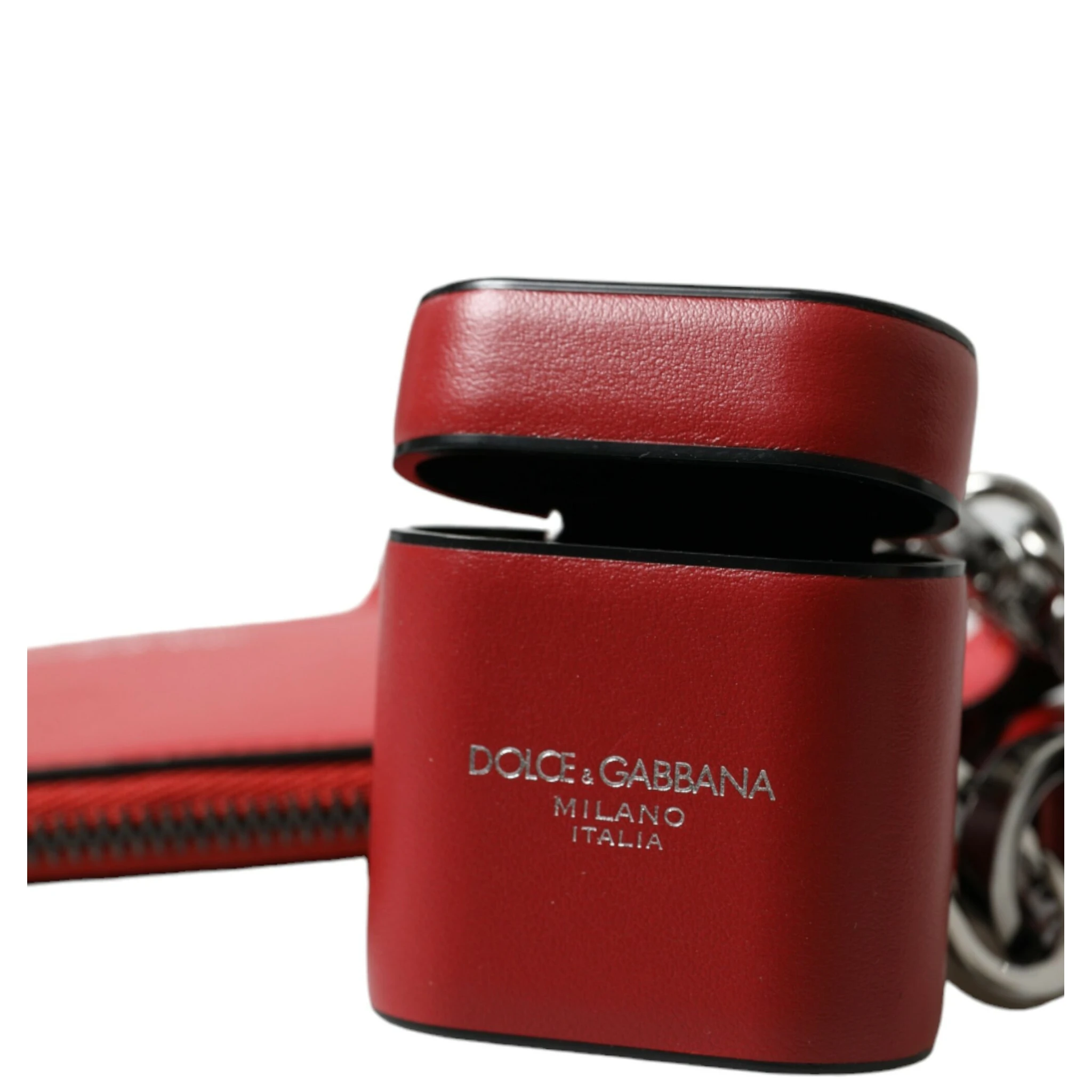 Red Leather Silver Metal Logo Strap Pouch Airpods Case