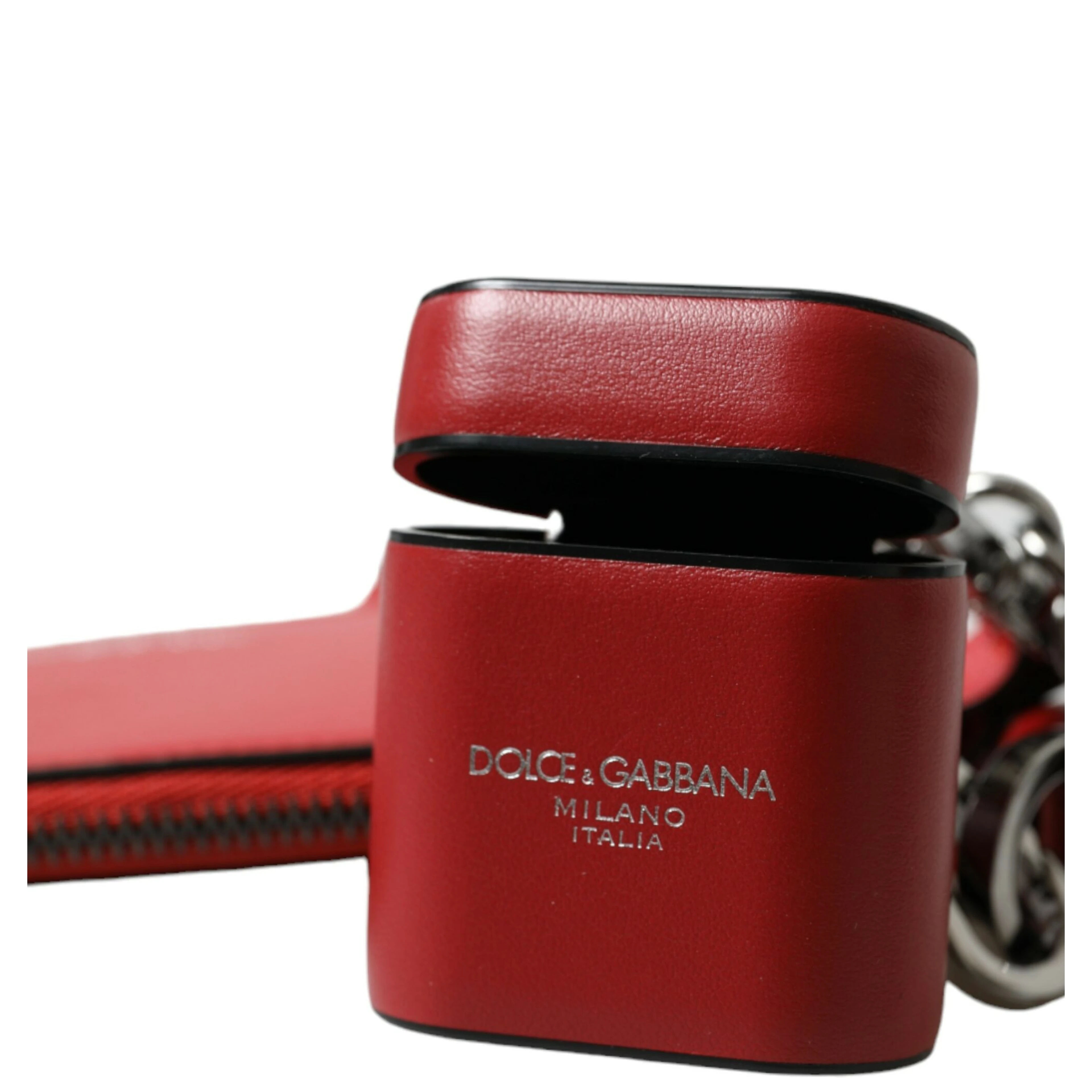 Red Leather Silver Metal Logo Strap Pouch Airpods Case