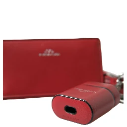 Red Leather Silver Metal Logo Strap Pouch Airpods Case
