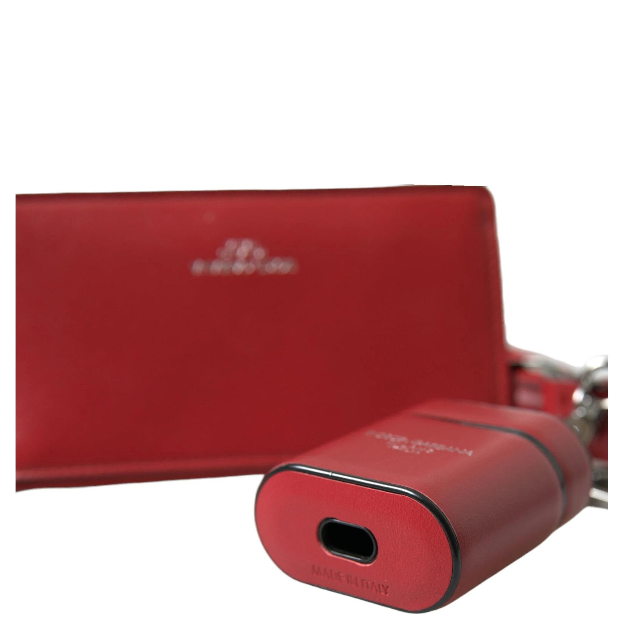 Red Leather Silver Metal Logo Strap Pouch Airpods Case