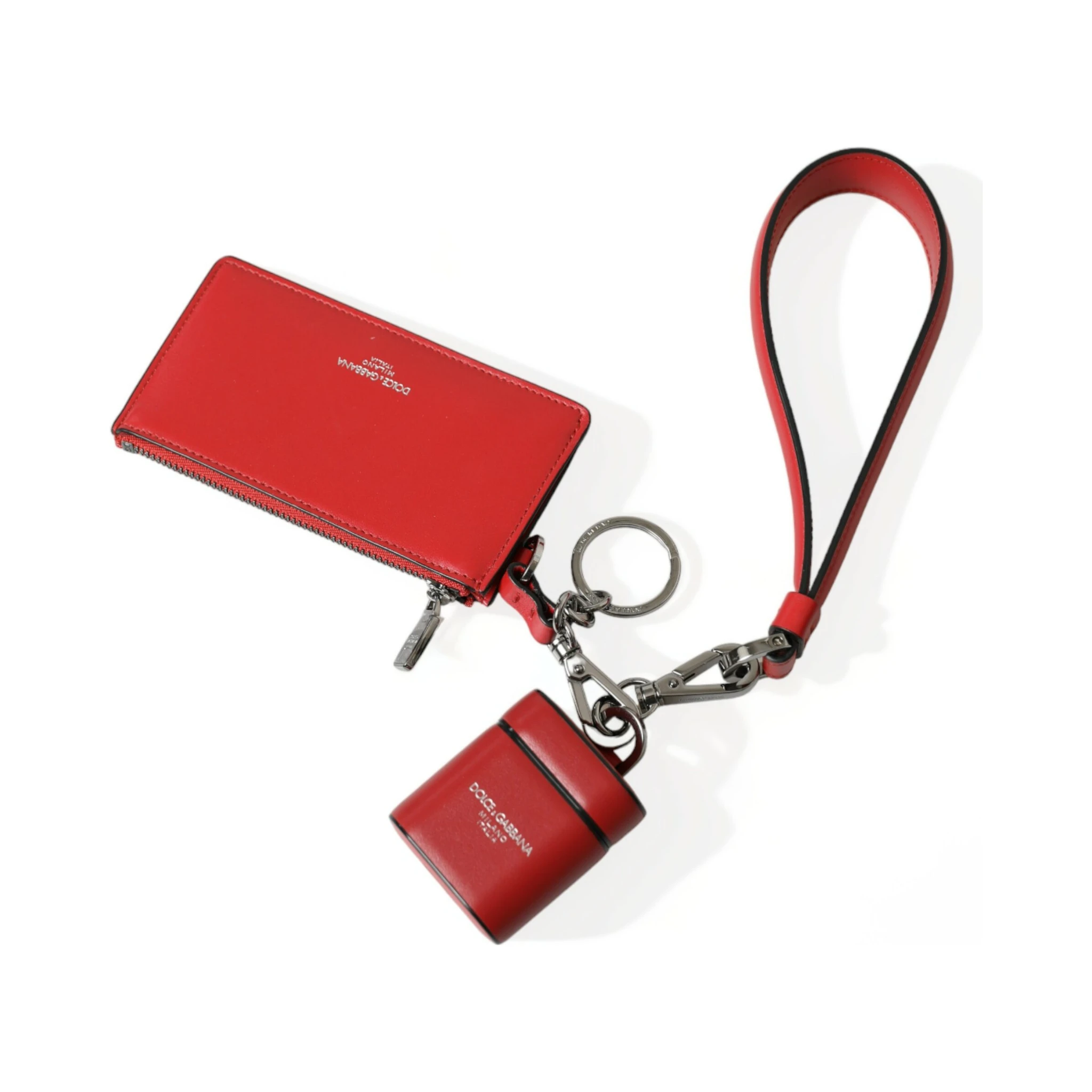 Red Leather Silver Metal Logo Strap Pouch Airpods Case