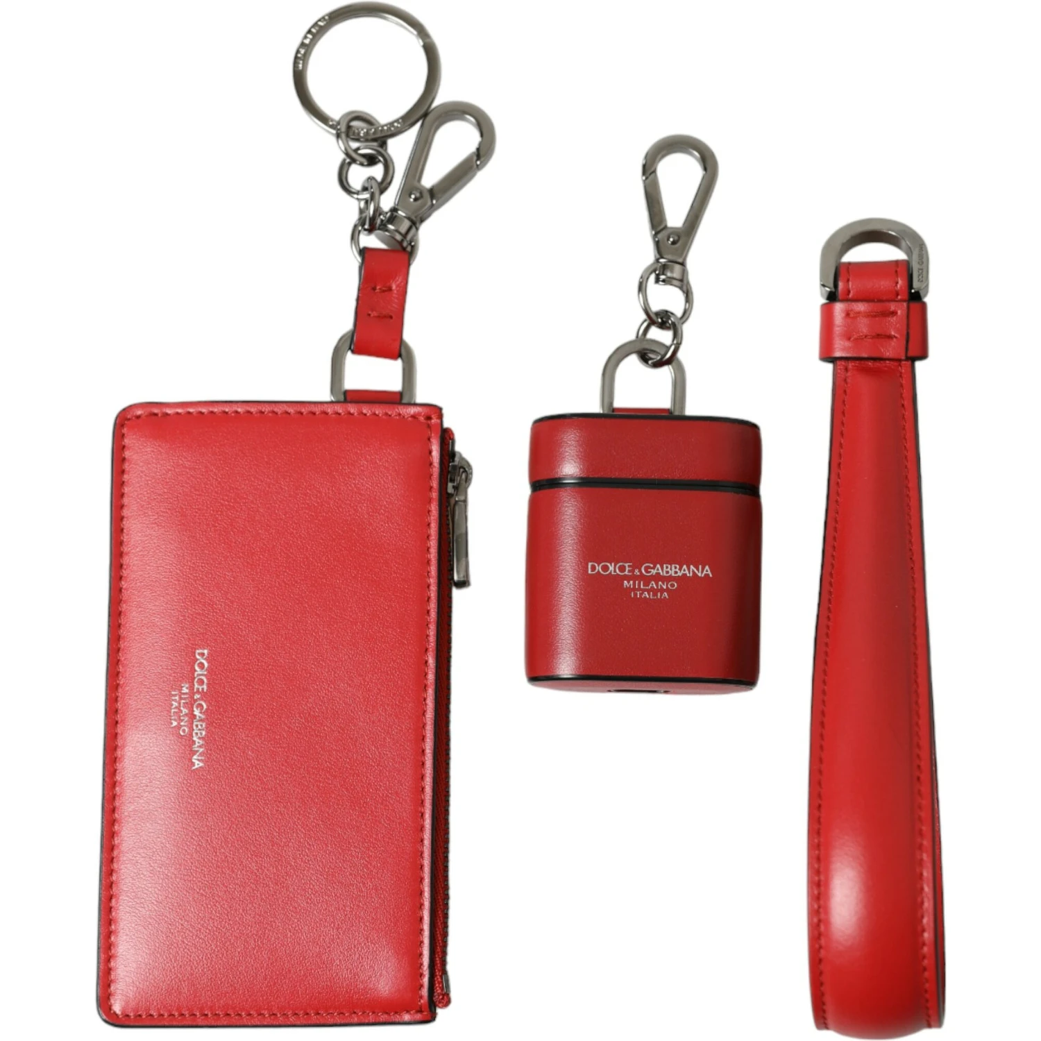 Red Leather Silver Metal Logo Strap Pouch Airpods Case