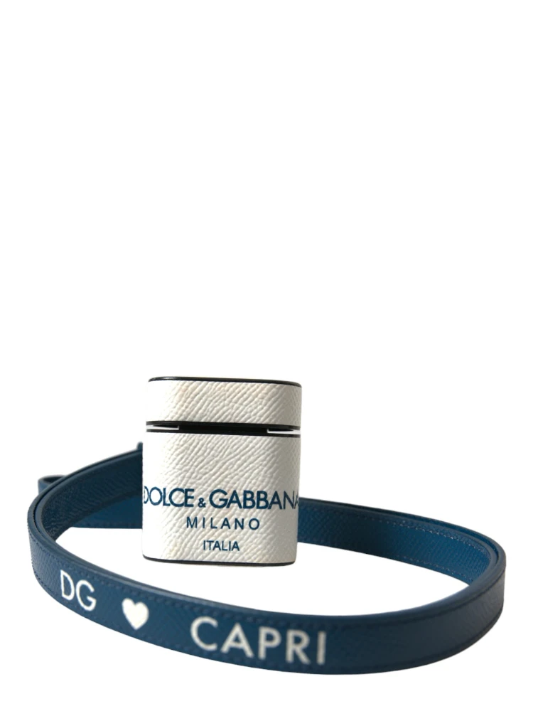 White Blue Calf Leather Logo Print Strap Airpods Case