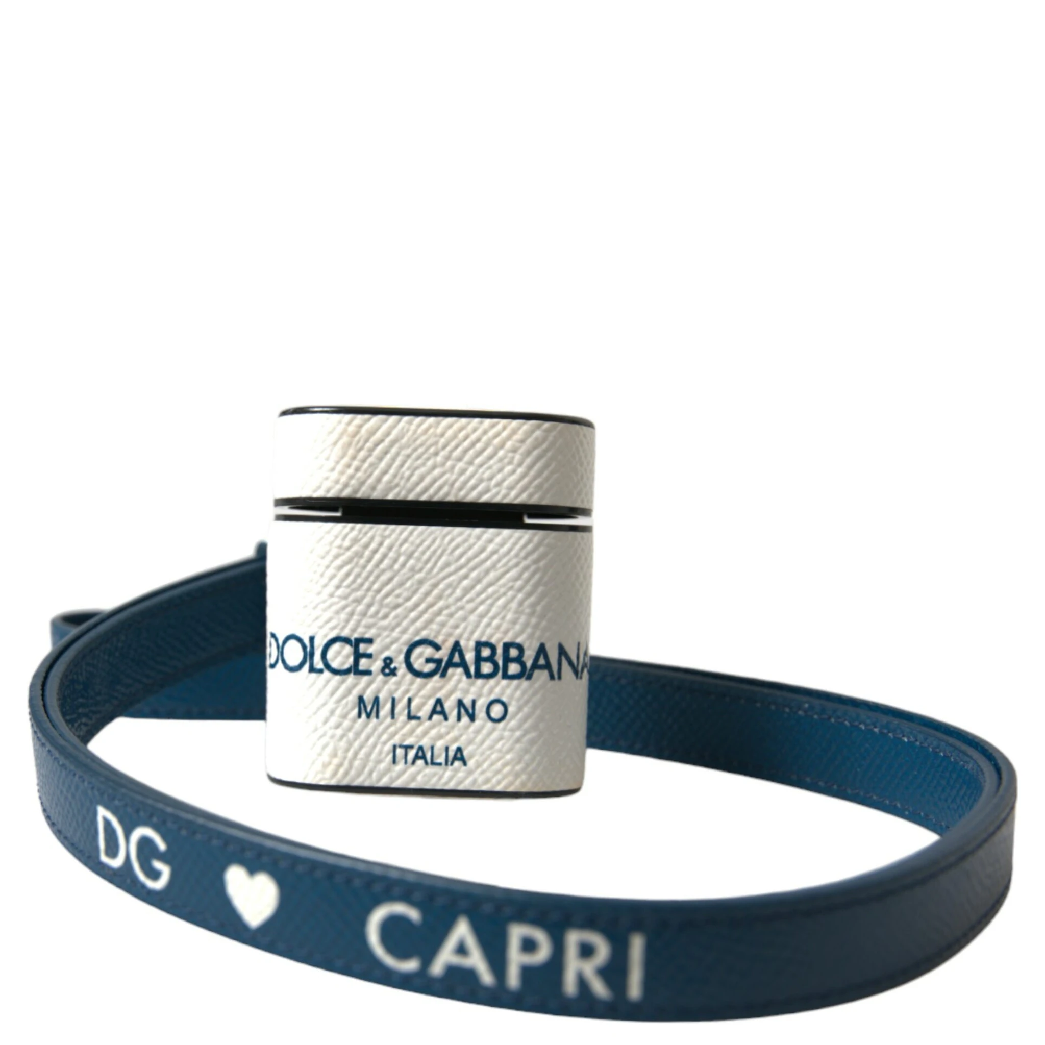 White Blue Calf Leather Logo Print Strap Airpods Case