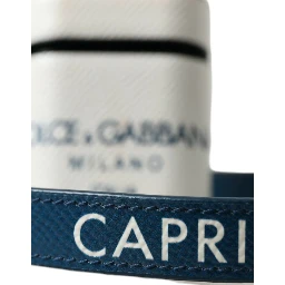 White Blue Calf Leather Logo Print Strap Airpods Case