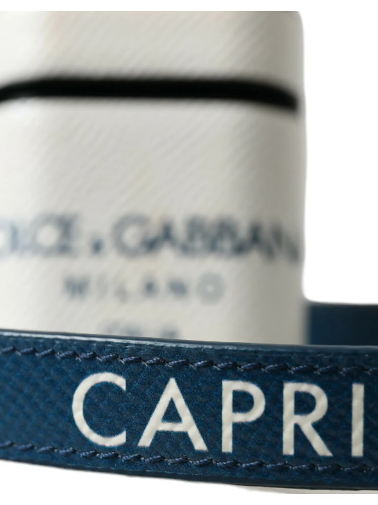 White Blue Calf Leather Logo Print Strap Airpods Case alternative