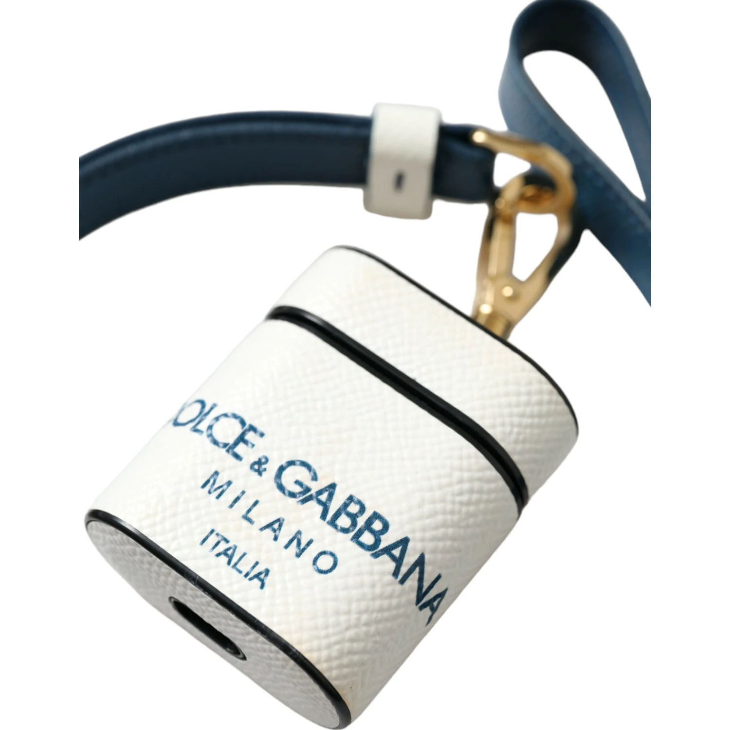 White Blue Calf Leather Logo Print Strap Airpods Case
