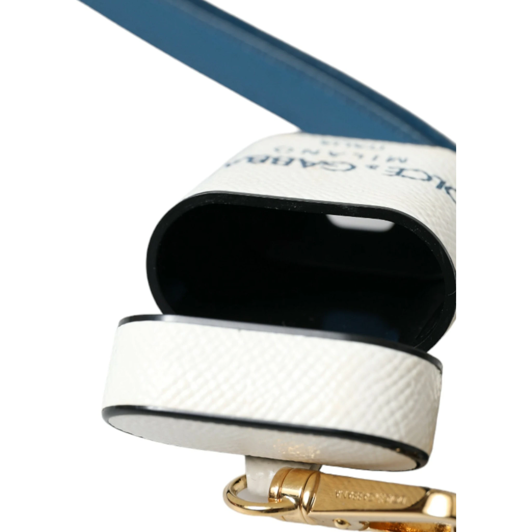 White Blue Calf Leather Logo Print Strap Airpods Case