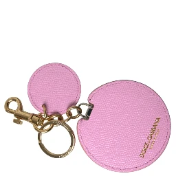Pink Calf Leather Gold Metal Logo Print Keyring Keychain