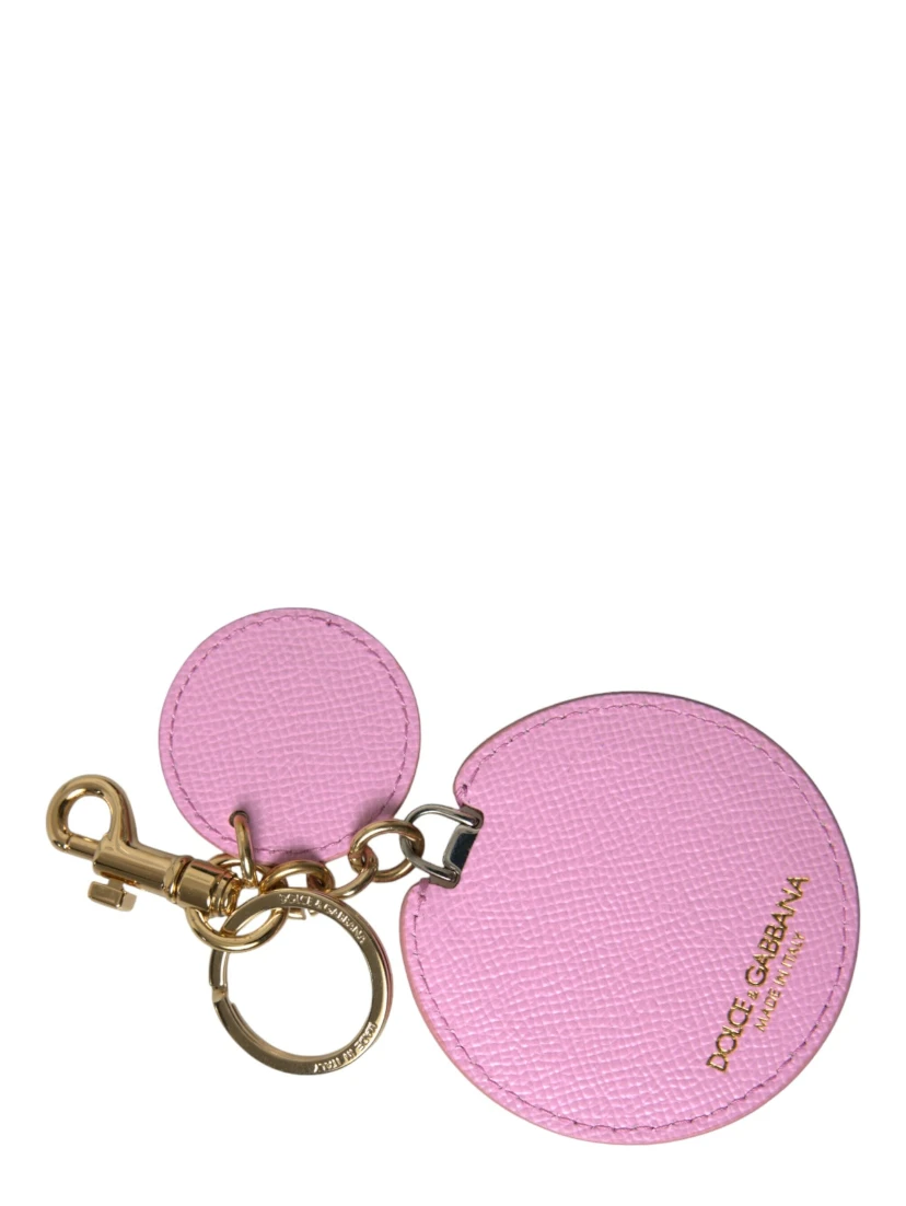 Pink Calf Leather Gold Metal Logo Print Keyring Keychain