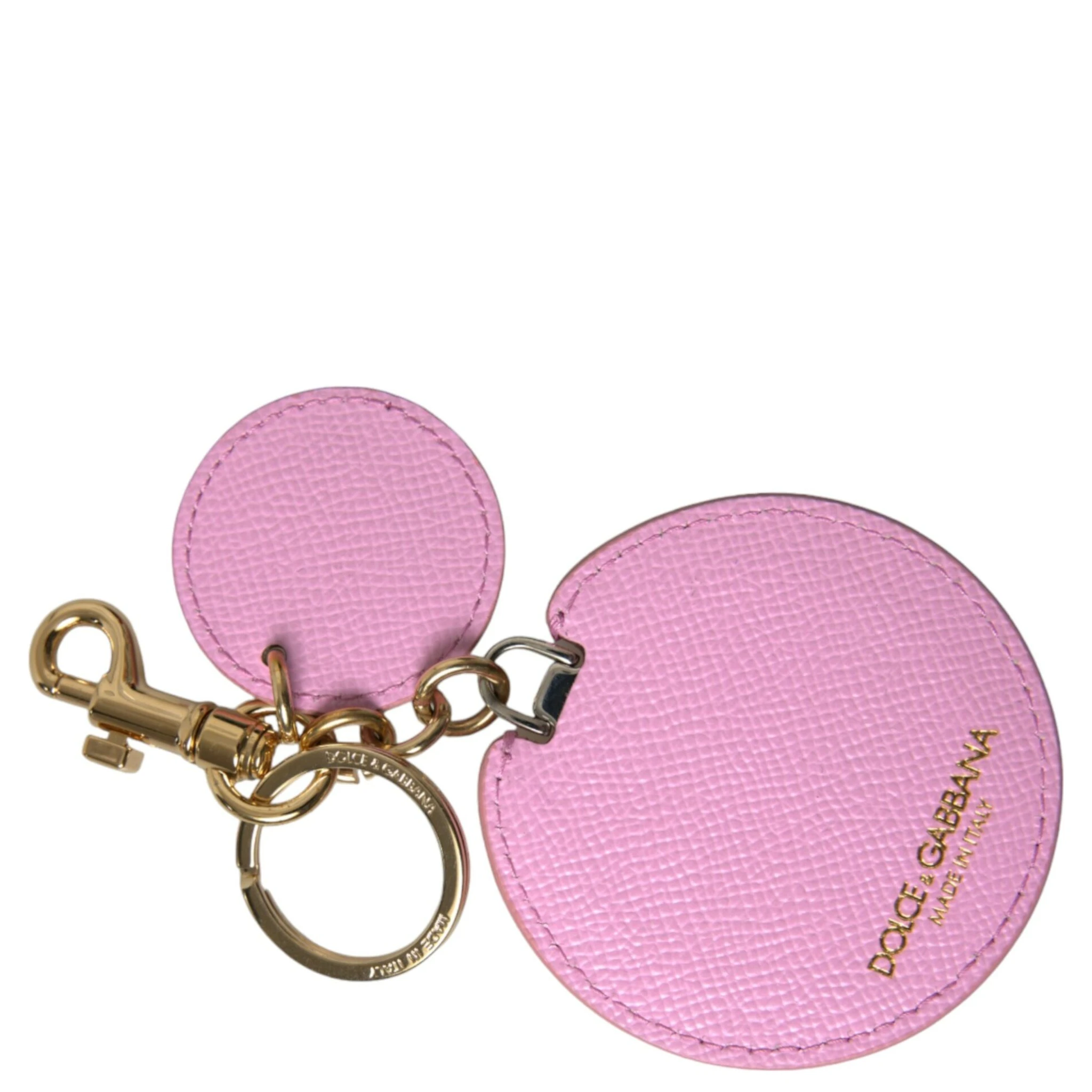 Pink Calf Leather Gold Metal Logo Print Keyring Keychain