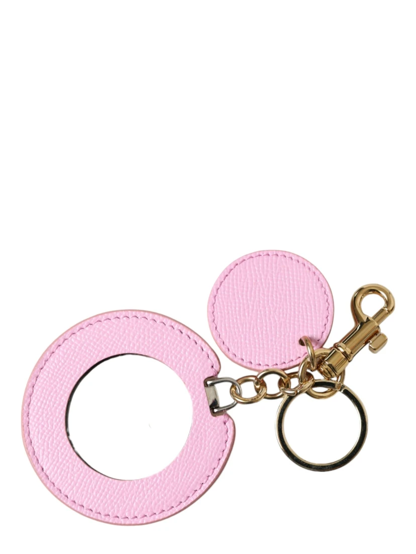 Pink Calf Leather Gold Metal Logo Print Keyring Keychain