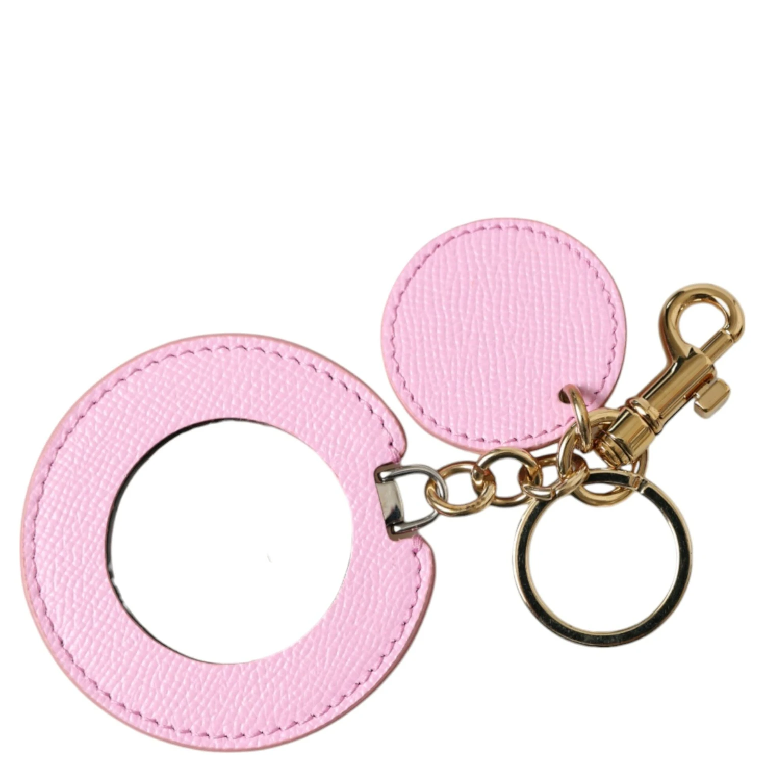 Pink Calf Leather Gold Metal Logo Print Keyring Keychain