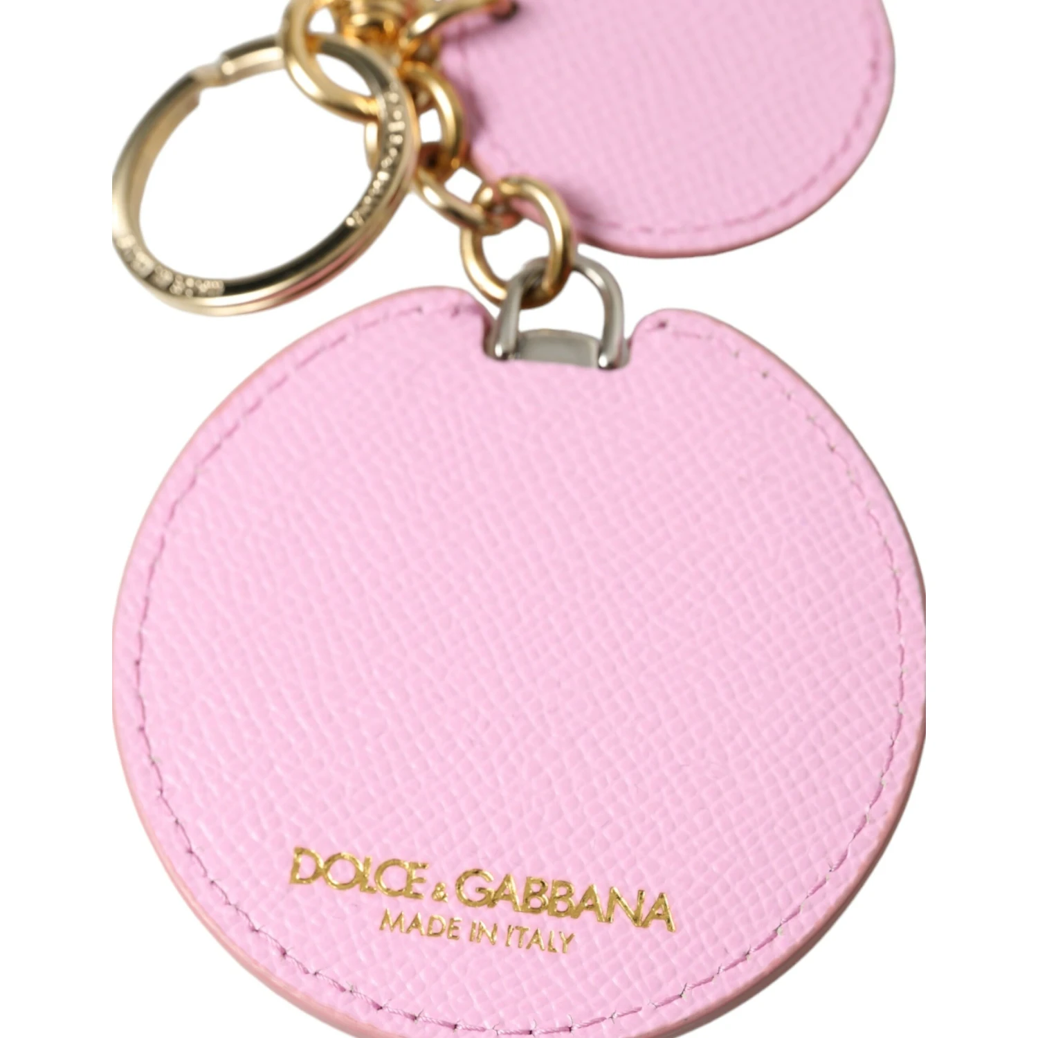 Pink Calf Leather Gold Metal Logo Print Keyring Keychain