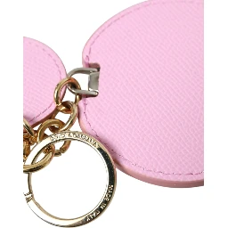 Pink Calf Leather Gold Metal Logo Print Keyring Keychain