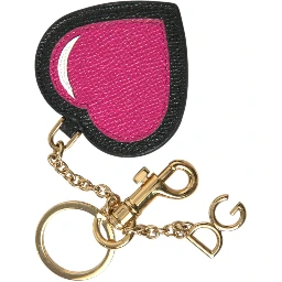 Pink Black Heart Leather Gold Tone Brass Keyring Keychain
