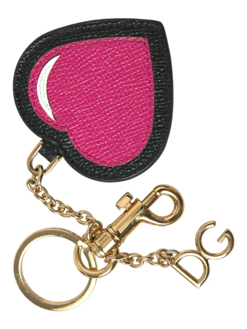 Pink Black Heart Leather Gold Tone Brass Keyring Keychain