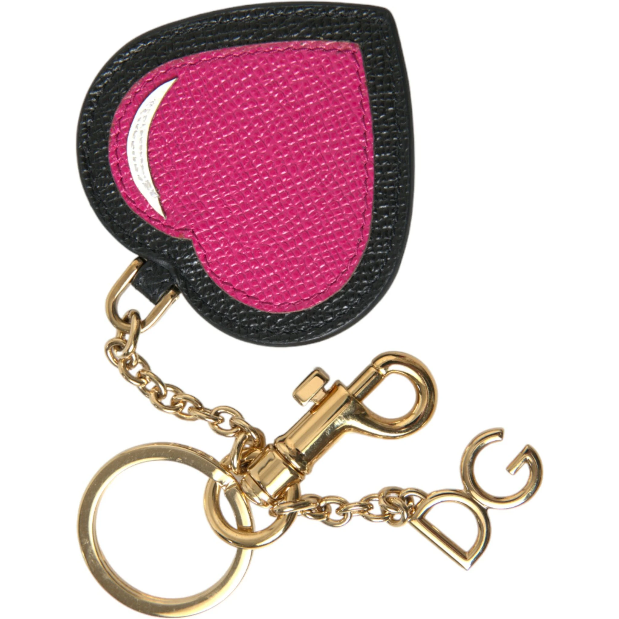 Pink Black Heart Leather Gold Tone Brass Keyring Keychain